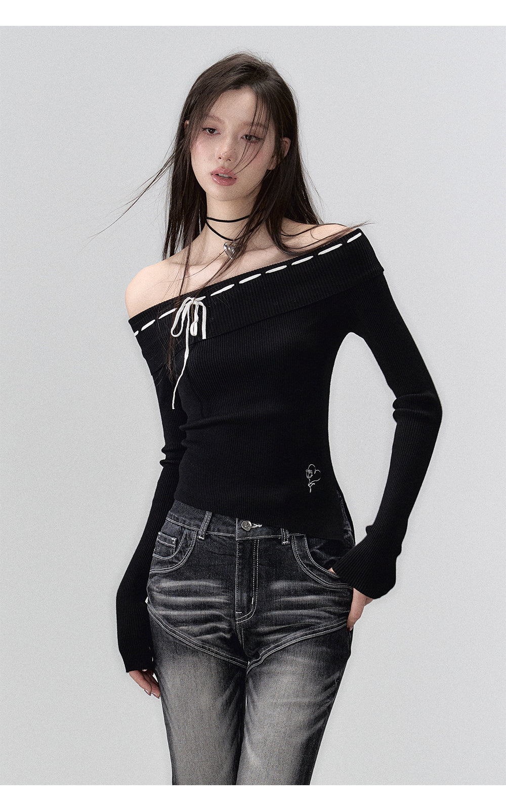 Black & Brown Off-shoulder Knitted Long Sleeve T-shirt