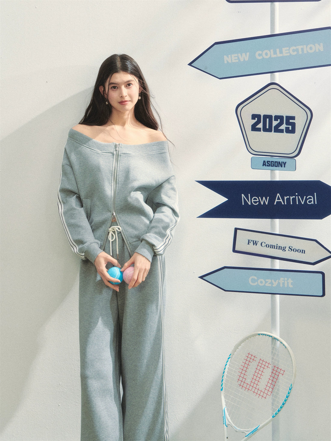 Off-Shoulder Zip-up Sweatshirt &amp; Pants Set