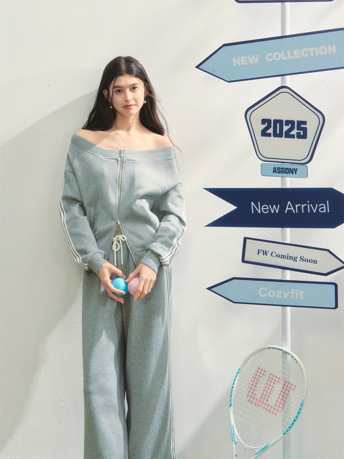 Off-Shoulder Zip-up Sweatshirt &amp; Pants Set