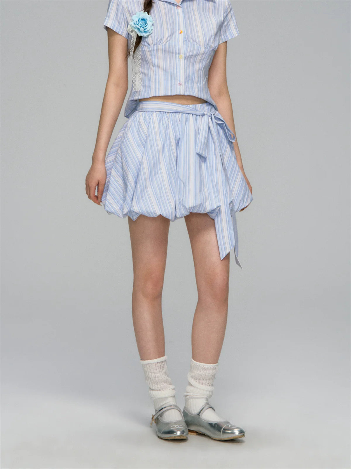 Colorful Buttons Striped College - Style Shirt &amp; Skirt Set