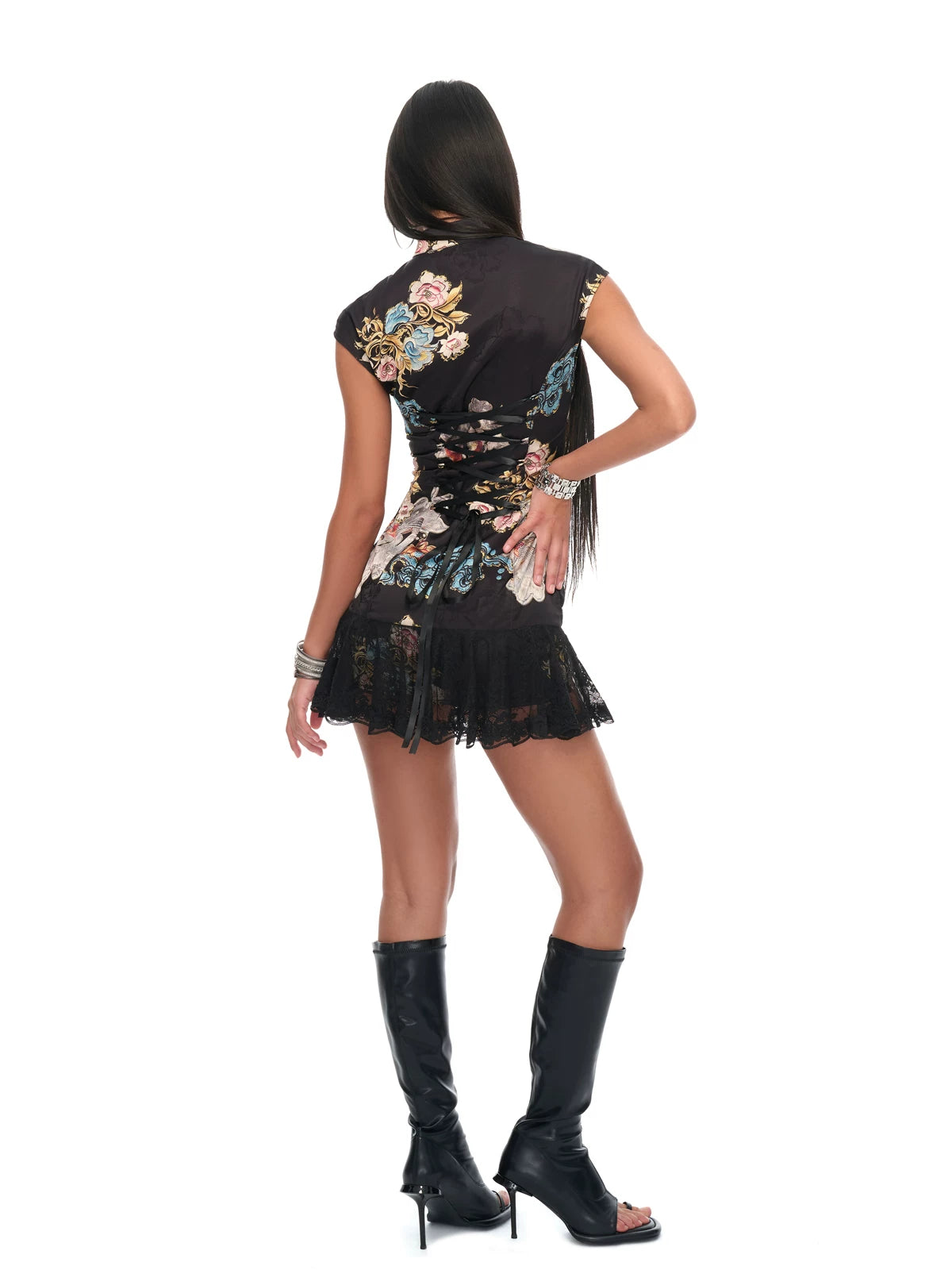 Black Lace Panel Qipao Dress