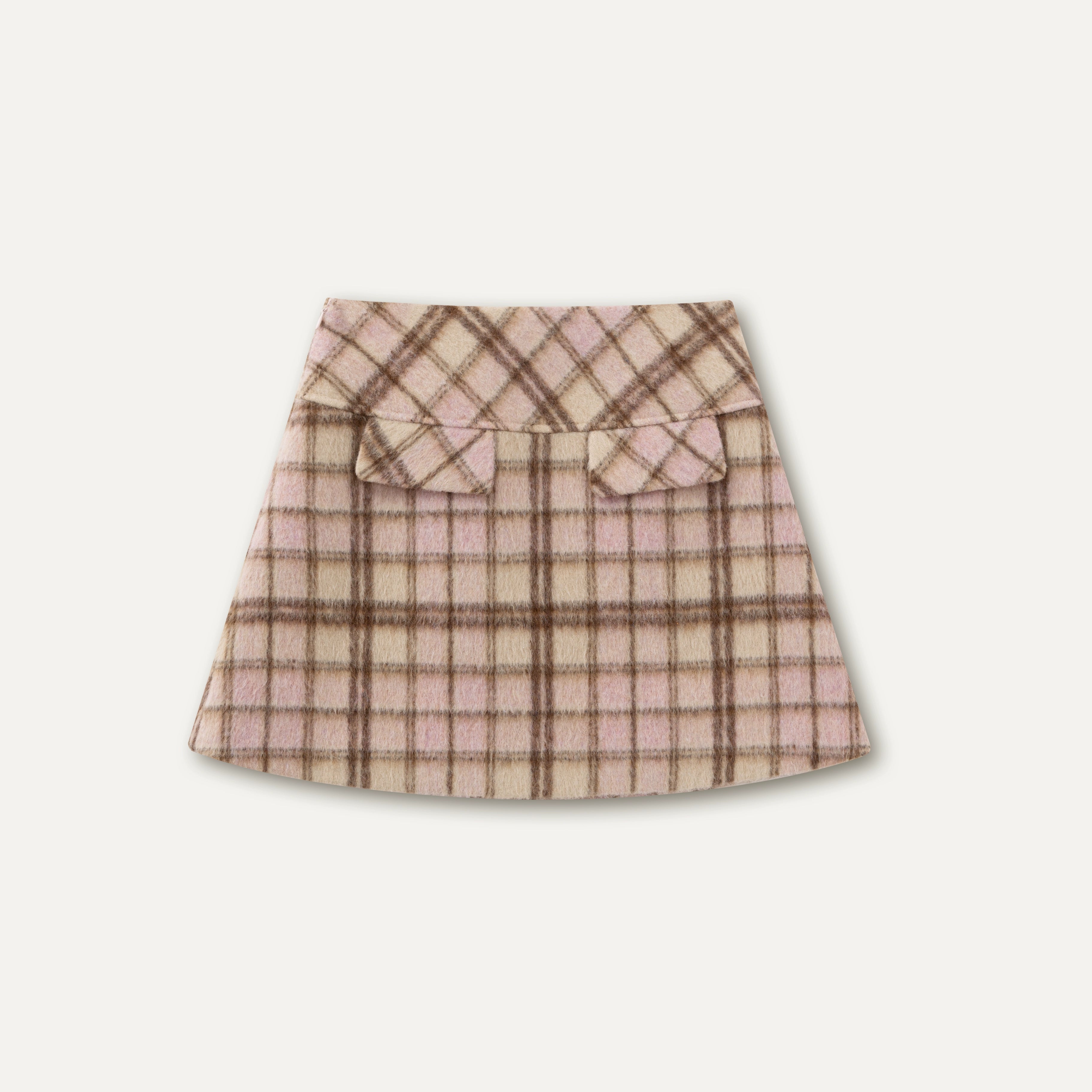 Pink &amp; Brown Plaid A-line Wool Skirt