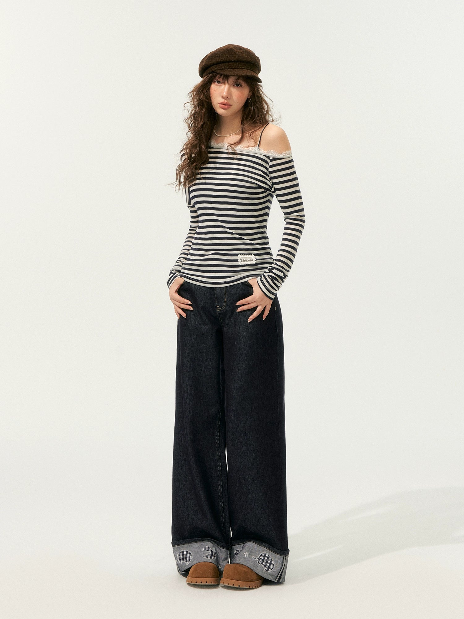 Striped Asymmetric Shoulder Fake Two-Piece T-Shirt