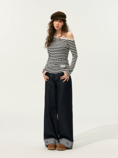 Striped Asymmetric Shoulder Fake Two-Piece T-Shirt