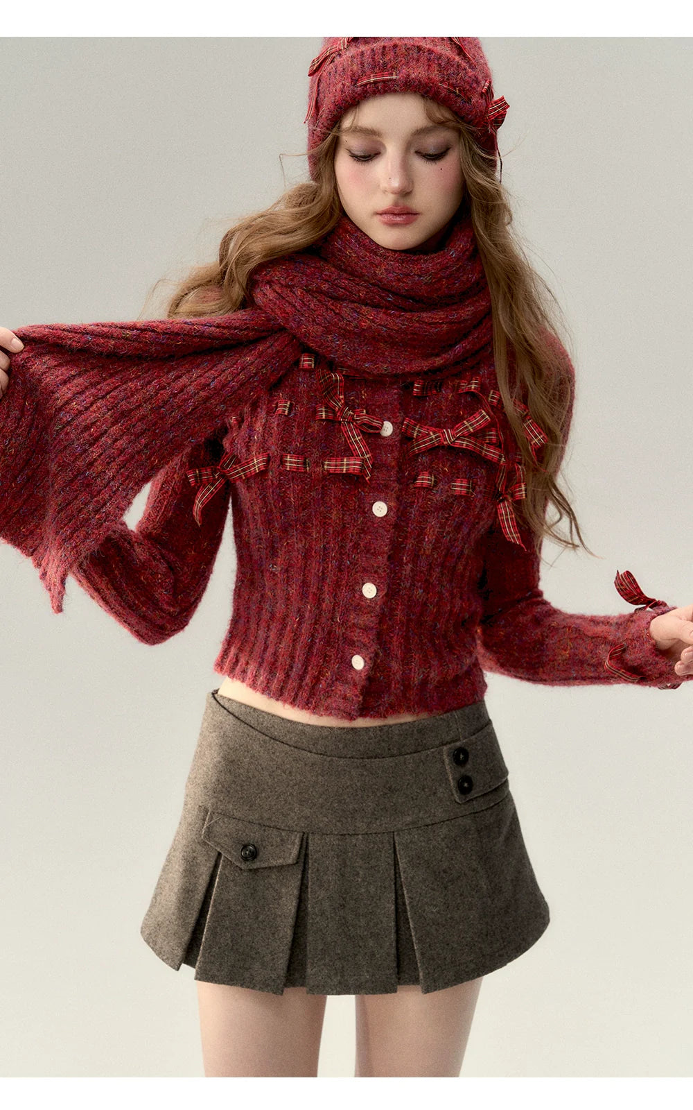 Red &amp; Black Bow Decorated Knit Cardigan