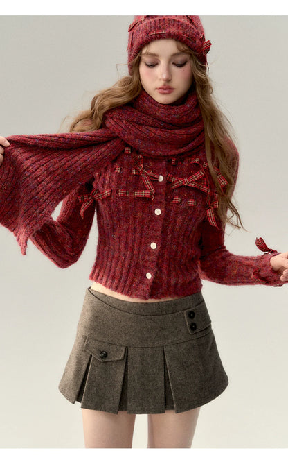 Red &amp; Black Bow Decorated Knit Cardigan