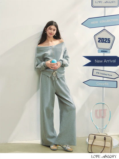 Off-Shoulder Zip-up Sweatshirt &amp; Pants Set