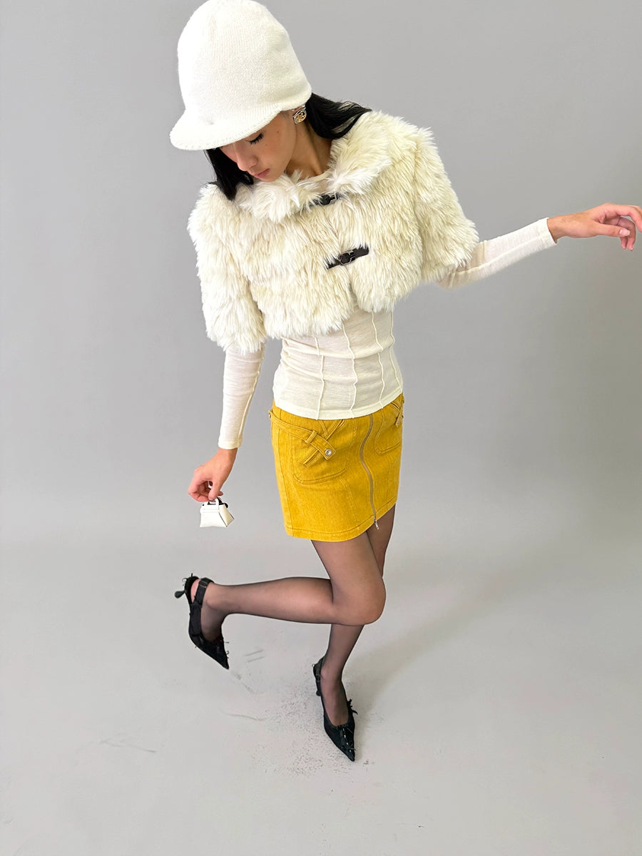 Eco-Fur Capelet Toggle Cropped Jacket