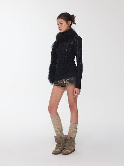 Cable Knit Faux-Fur Trim Fitted Sweater