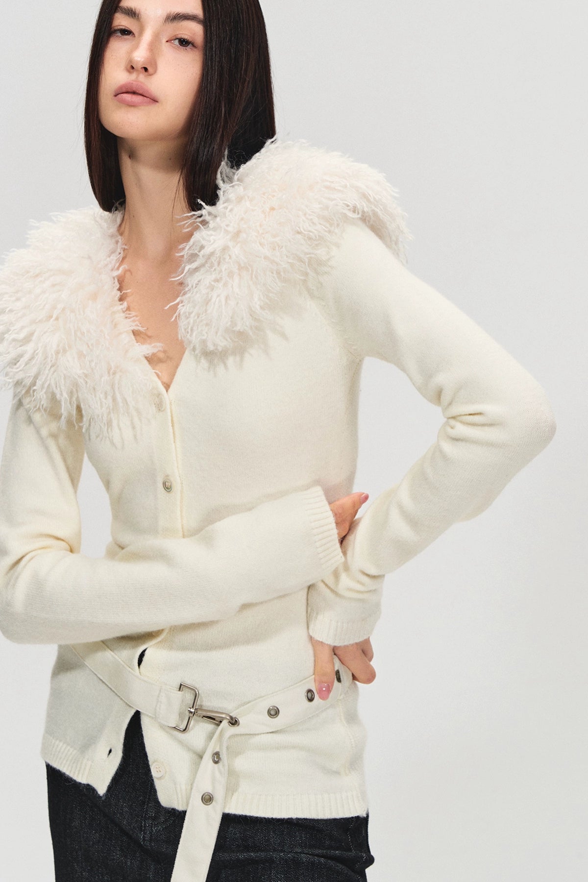 Detachable Fur Collar Suede Belted Cardigan