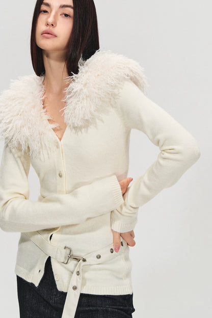 Detachable Fur Collar Suede Belted Cardigan