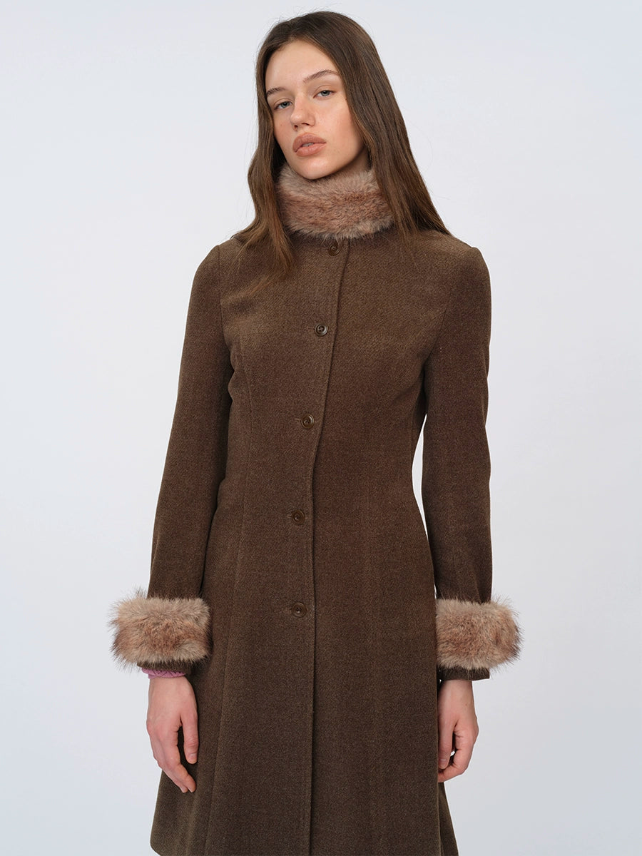 Detachable-Collar Wool-Blend Long Coat