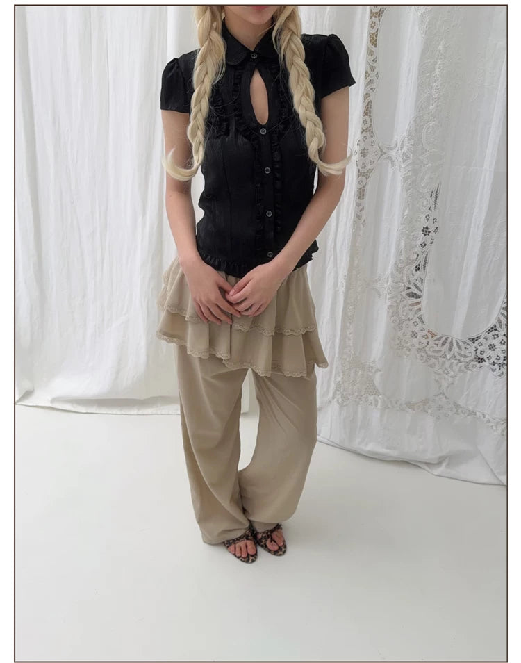 Layered Ruffle Wide-Leg Pants