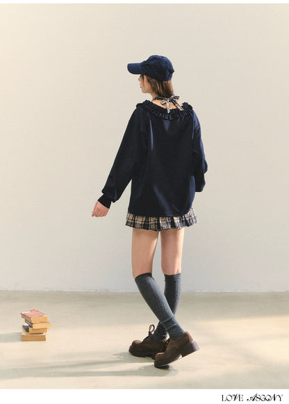 Navy Blue Plaid Halter Ruffle Sweatshirt &amp; Skirt set
