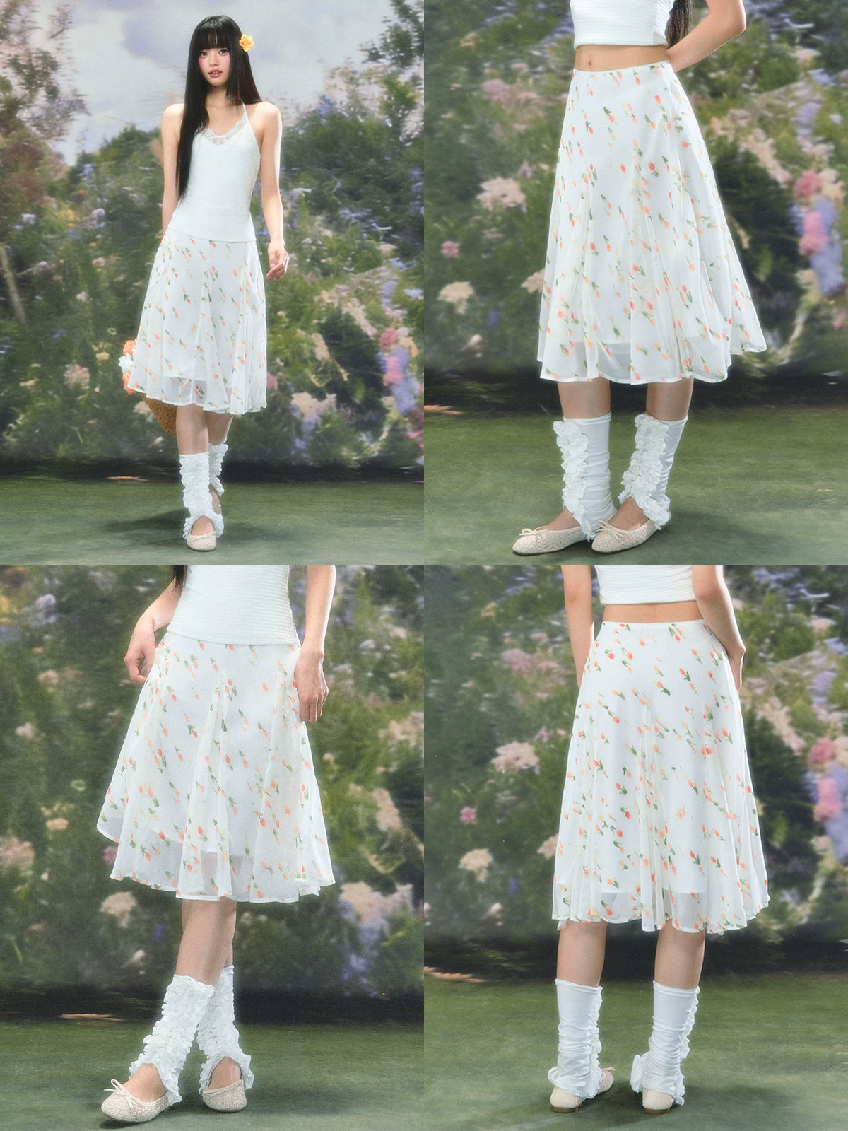 French Floral Chiffon Midi Skirt