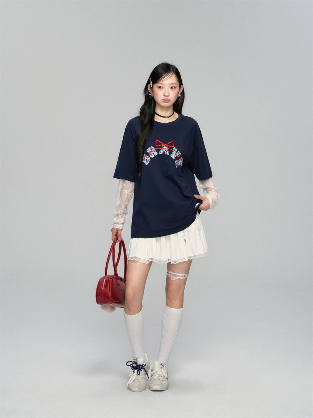 Lace-spliced Alphabet Bow T-shirt