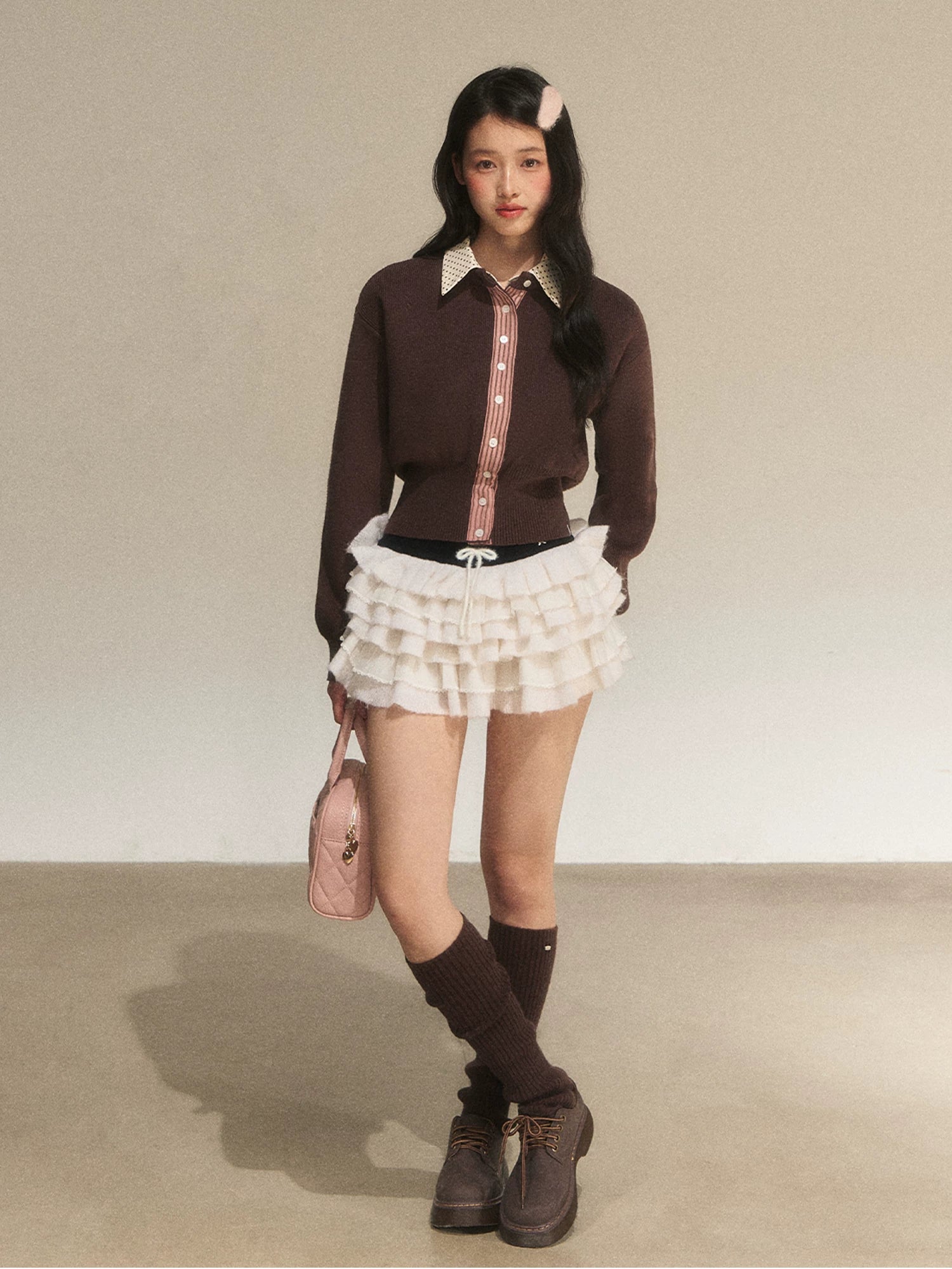 Brown Faux Layered Waist-Fitted Cropped Top
