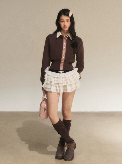 Brown Faux Layered Waist-Fitted Cropped Top