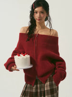 Red Off Shoulder Zip Cardigan