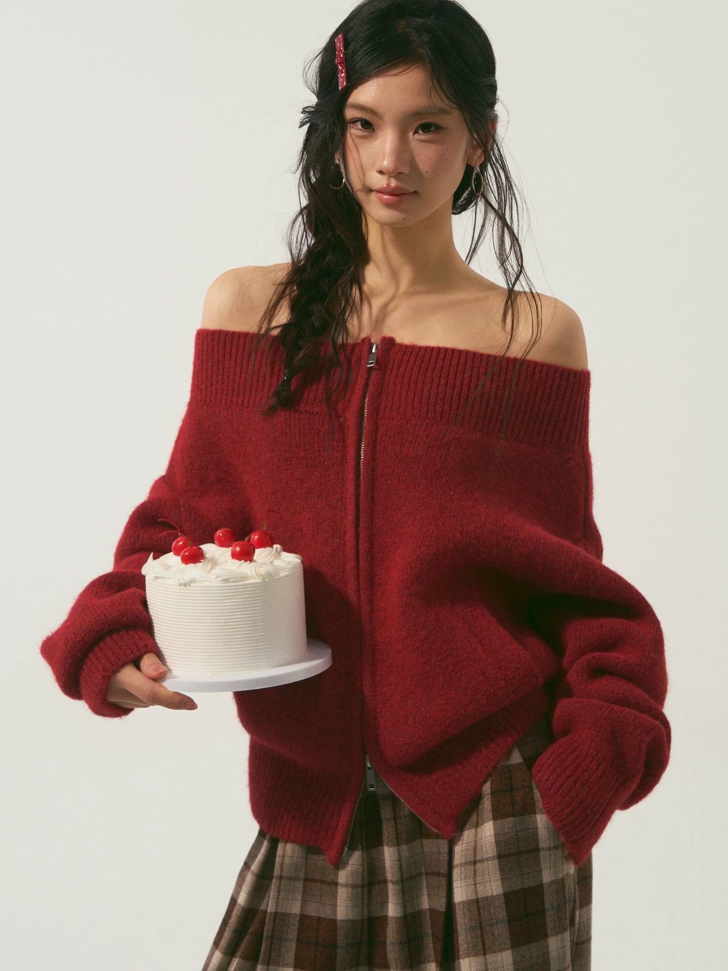 Red Off Shoulder Zip Cardigan