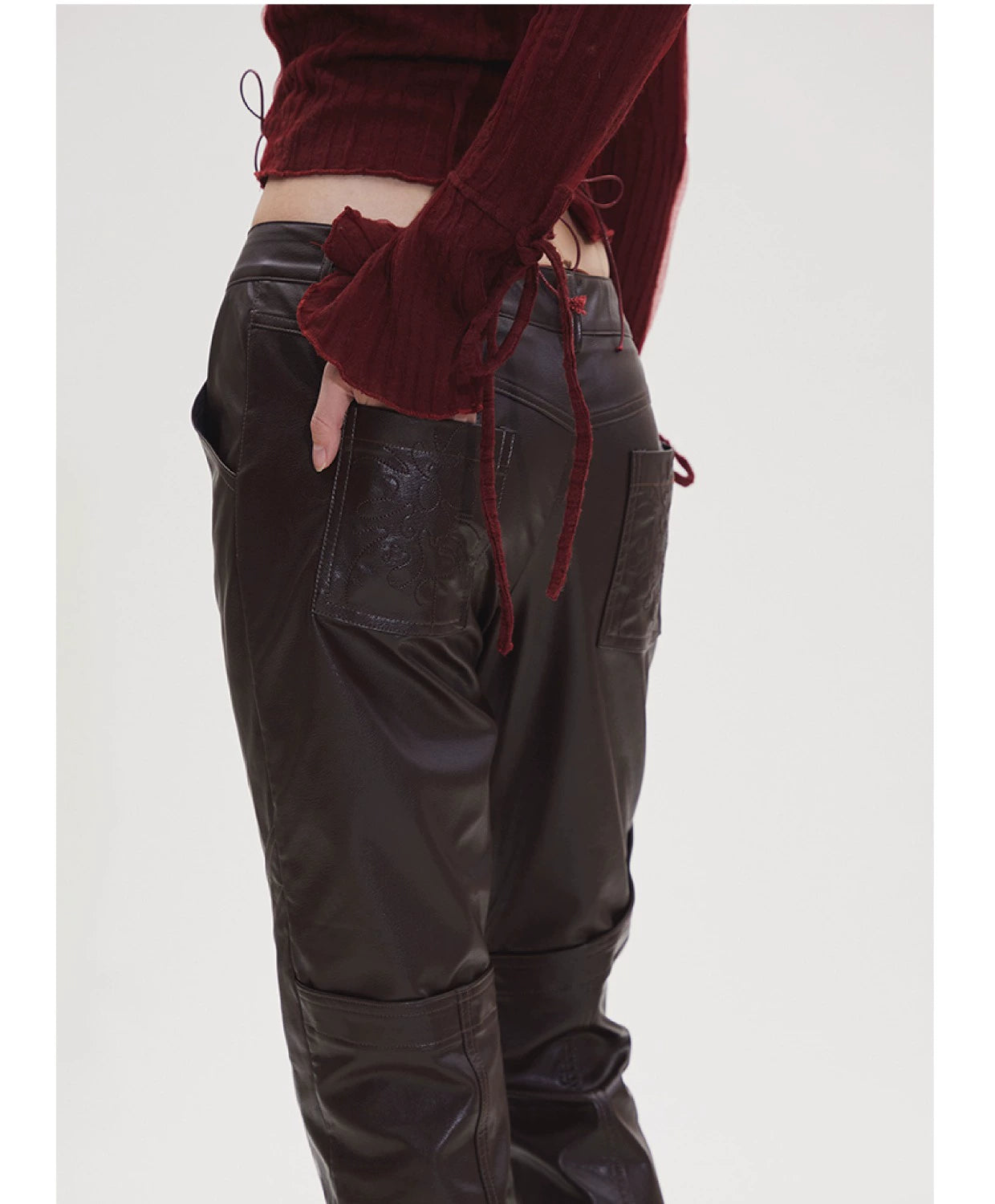 Black &amp; Burgundy Embroidered PU Pants