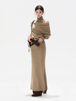 Khaki Draped High-neck Dress