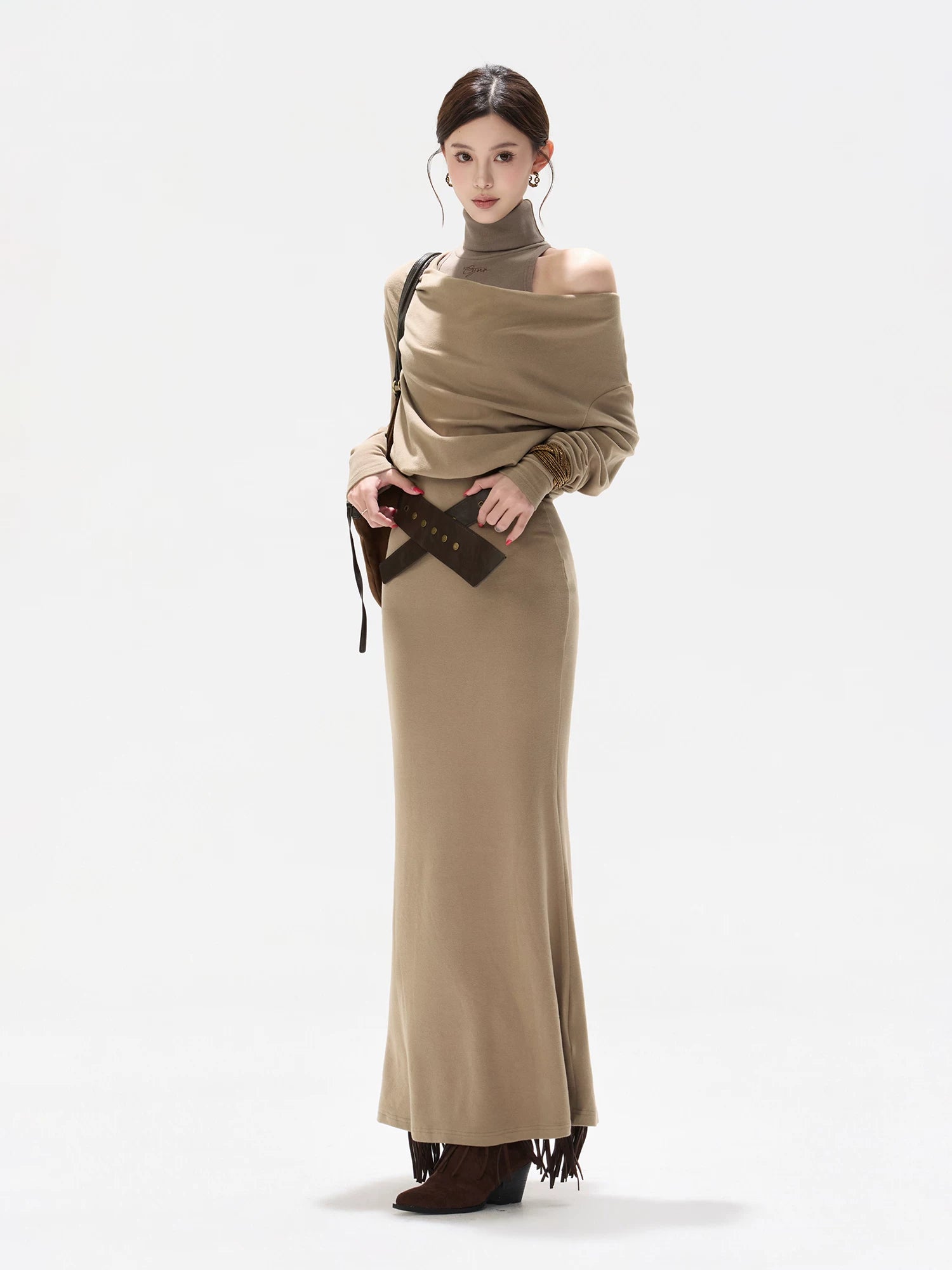 Khaki Draped High-neck Dress