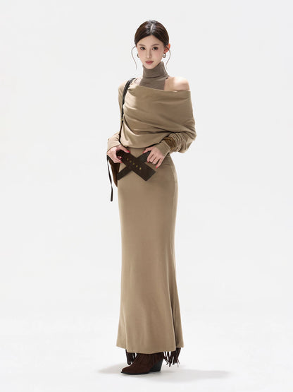 Khaki Draped High-neck Dress