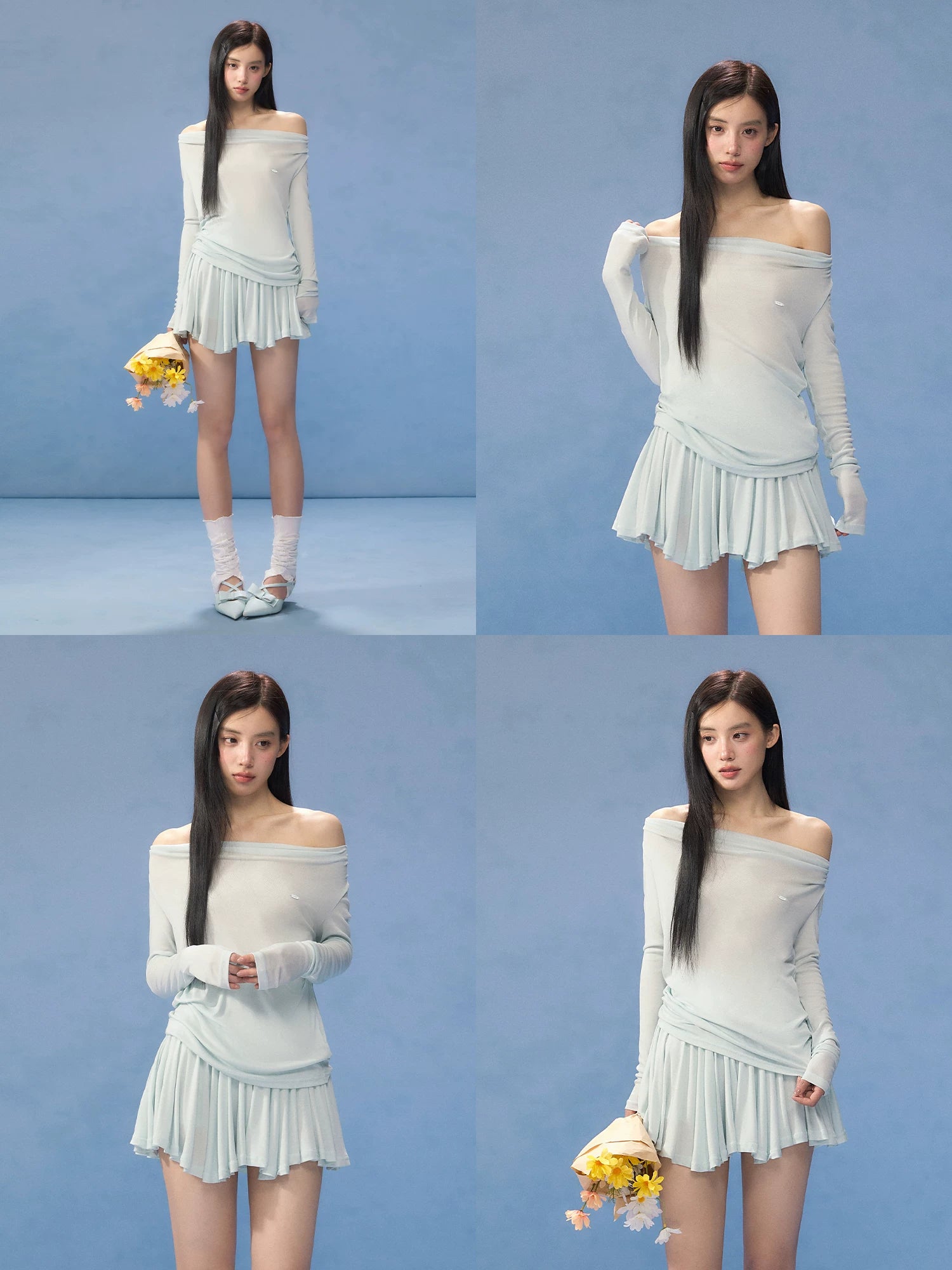 Blue One-Shoulder Blouse &amp; Skirt Set