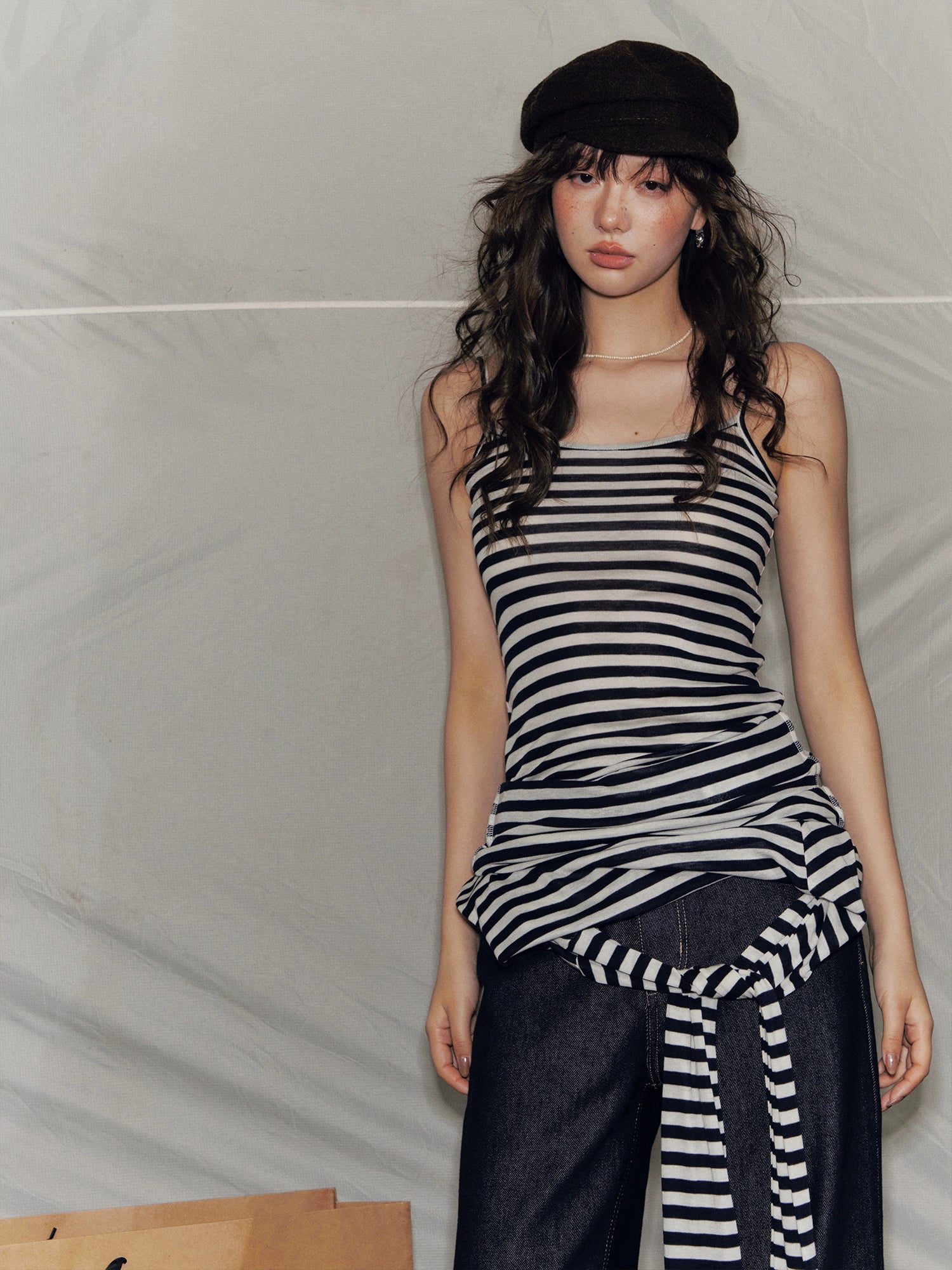 Striped Asymmetric Shoulder Fake Two-Piece T-Shirt