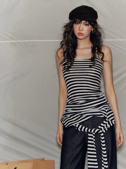 Striped Asymmetric Shoulder Fake Two-Piece T-Shirt