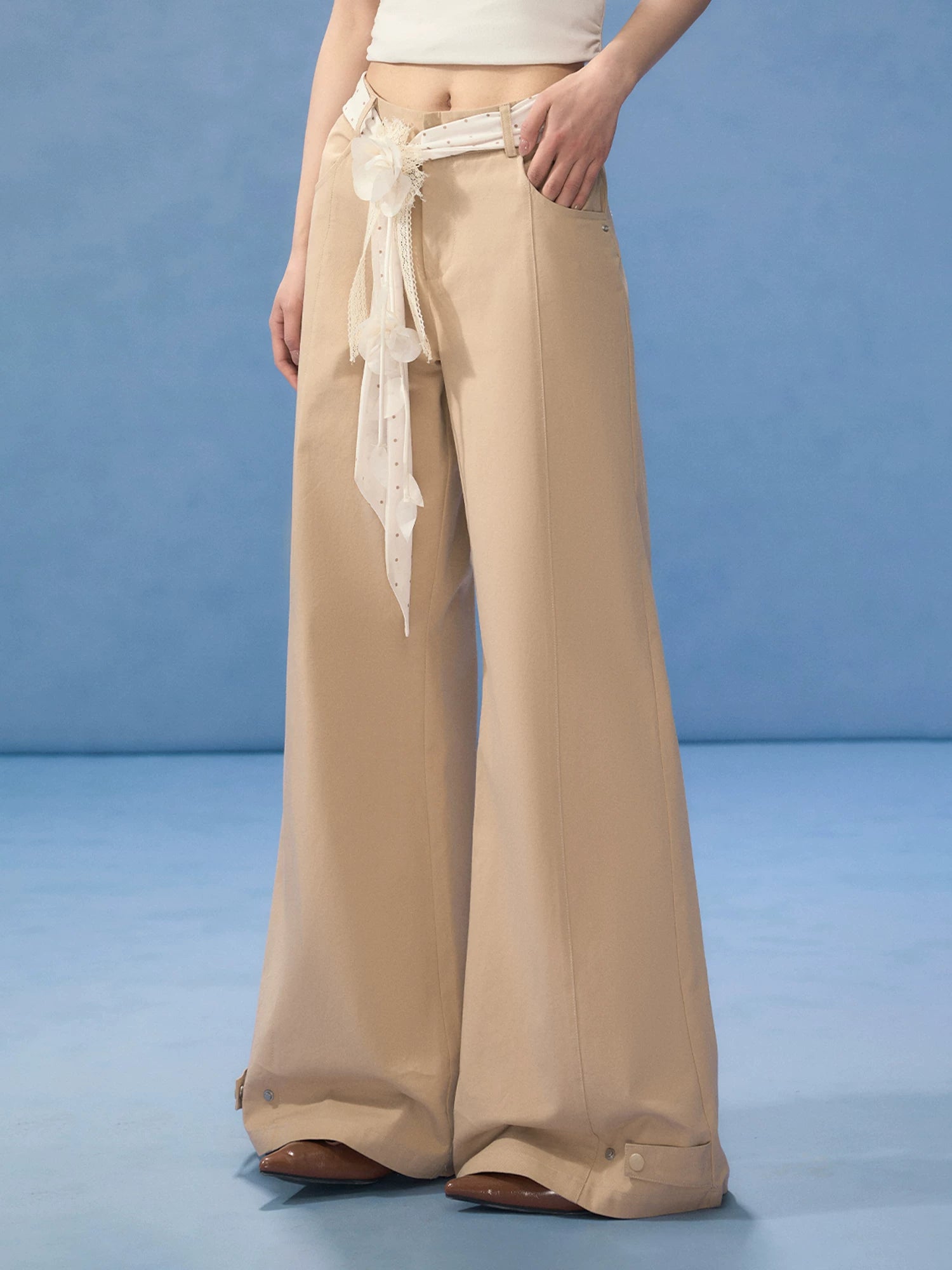 Brown Floral Belt Wide-Leg Pants