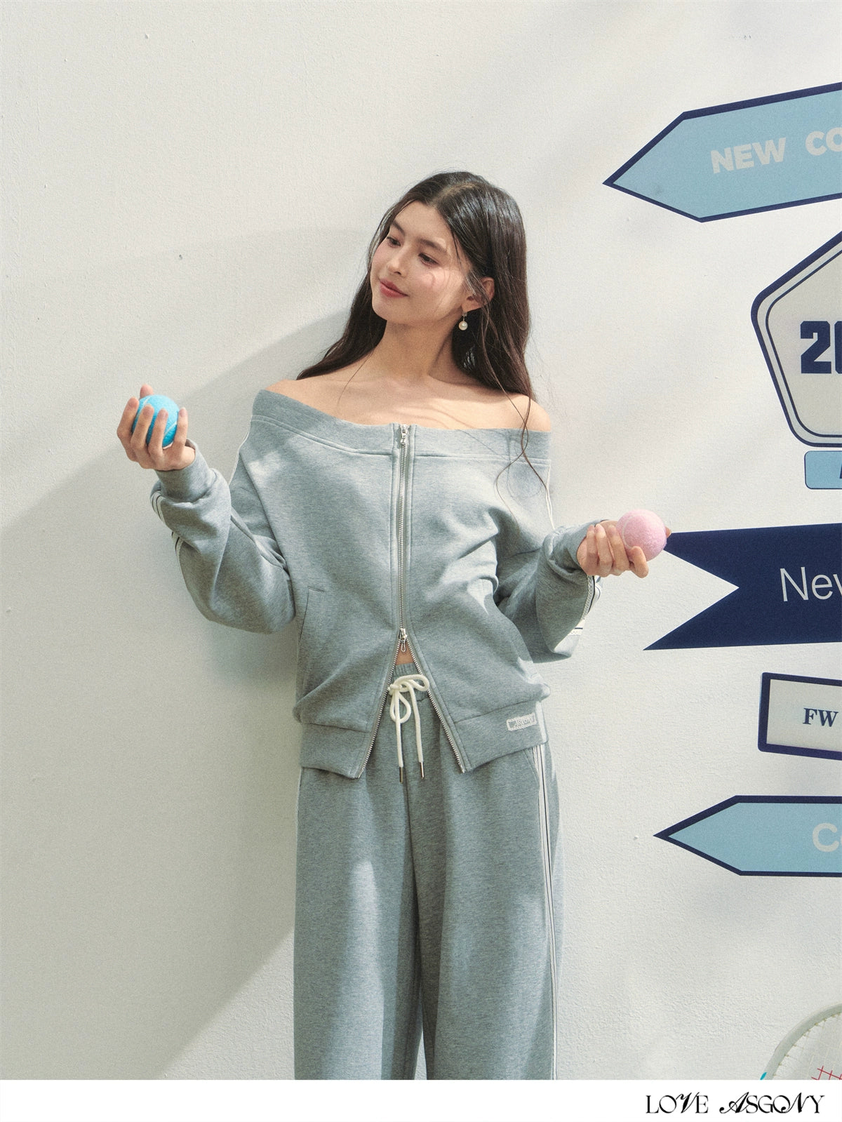 Off-Shoulder Zip-up Sweatshirt &amp; Pants Set