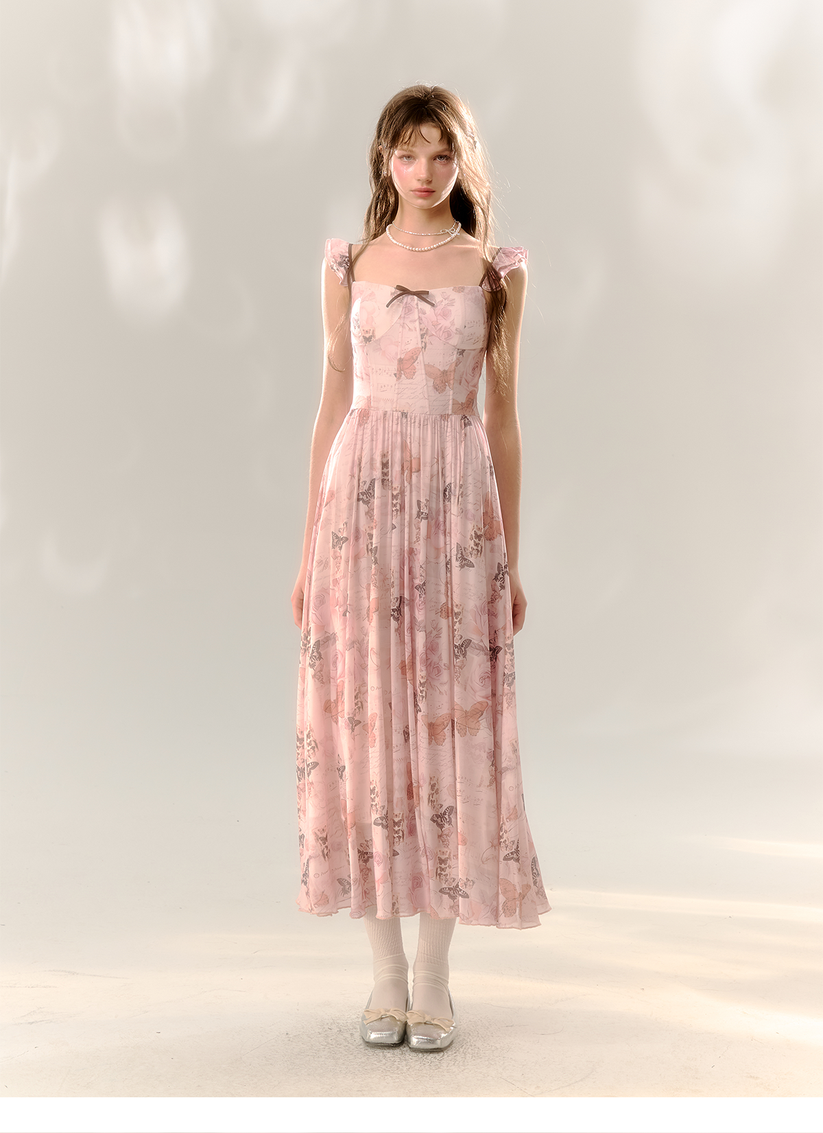 Pink Butterfly Print Square Neckline Dress