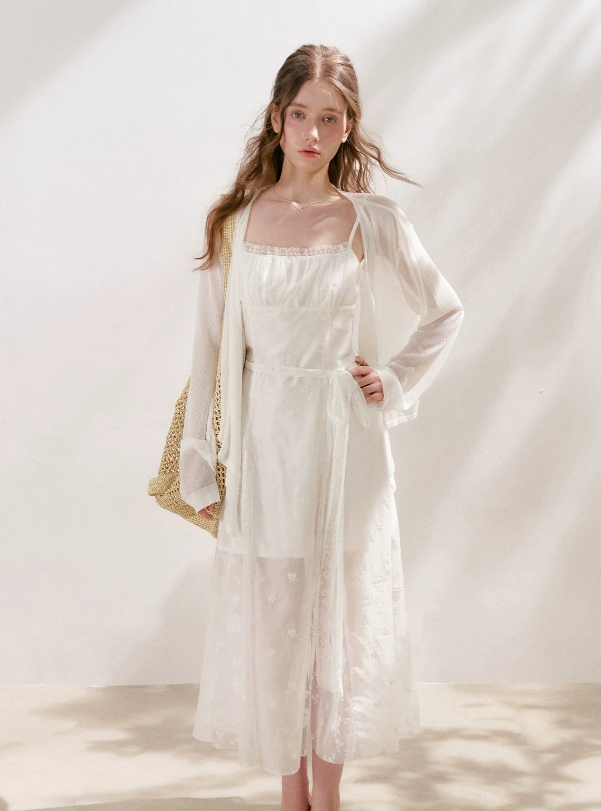 Apricot Embroidered Lace Midi Dress