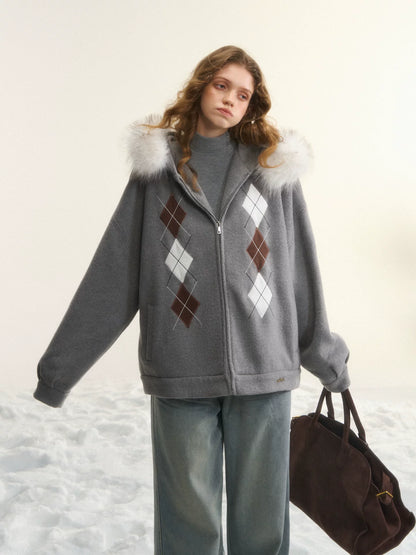 Argyle Patch Wool Hoodie Cardigan