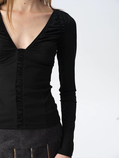 Ruched Low-Neck Knit Top