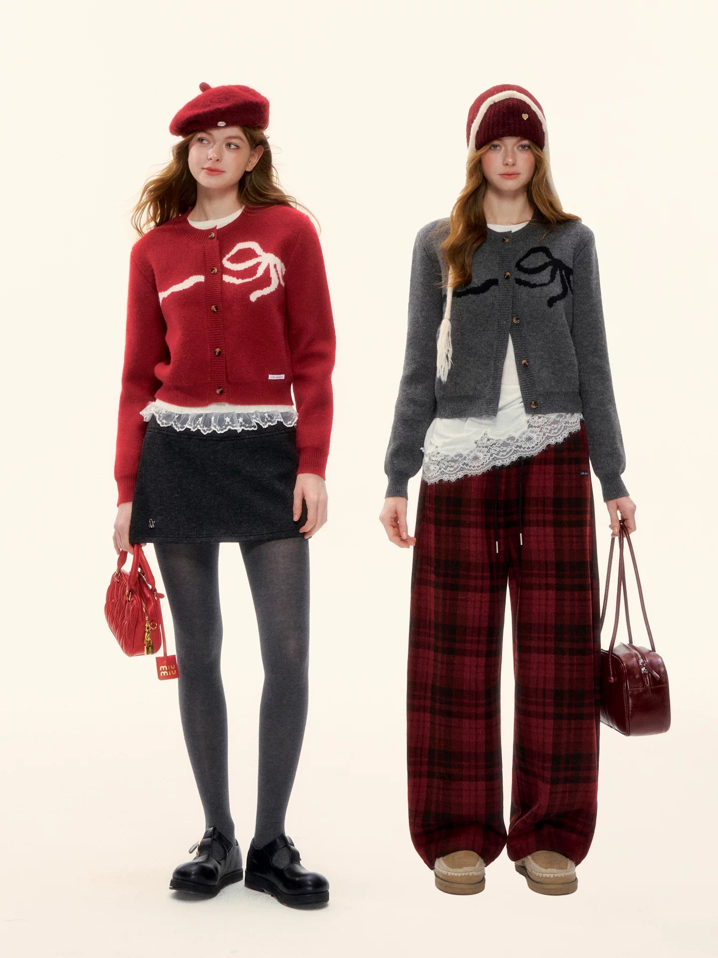 Bow Jacquard Crewneck Knit Cardigan