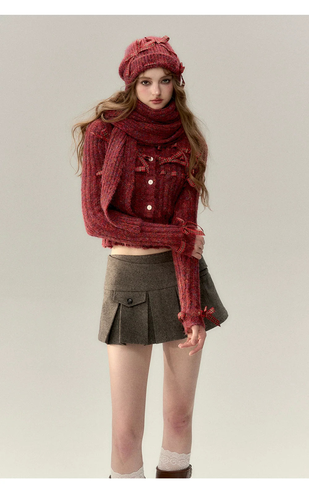 Red &amp; Black Bow Decorated Knit Cardigan