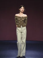 Floral Pattern Off-shoulder Mosaic Knit Cardigan