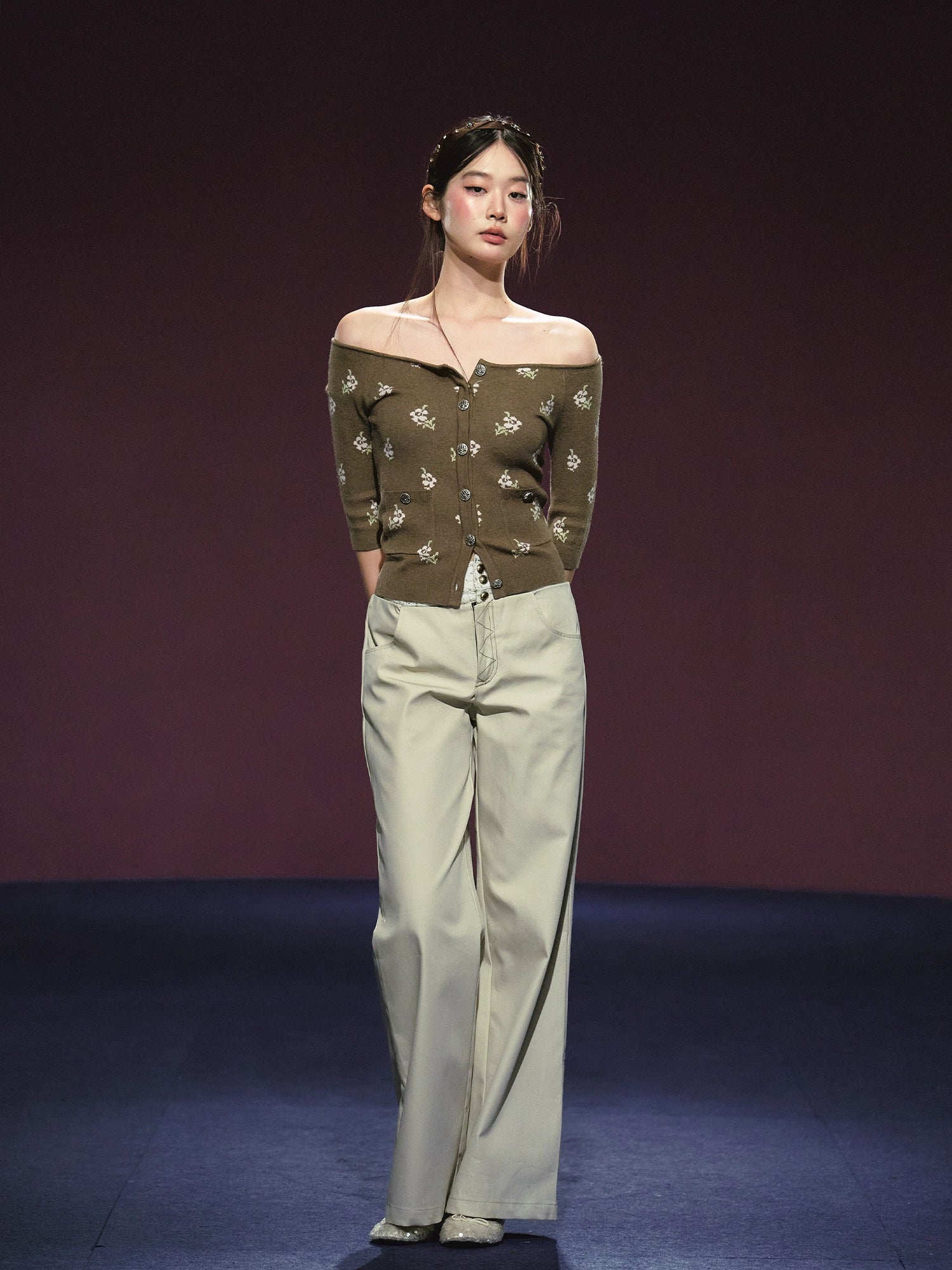 Floral Pattern Off-shoulder Mosaic Knit Cardigan