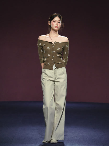 Floral Pattern Off-shoulder Mosaic Knit Cardigan