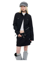 Stand Collar Denim Jacket & Skirt Set