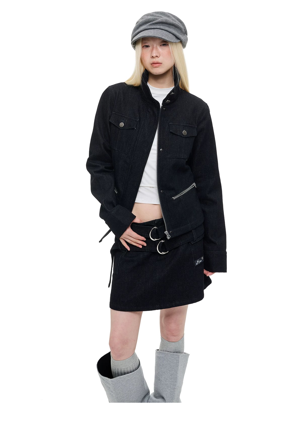 Stand Collar Denim Jacket &amp; Skirt Set