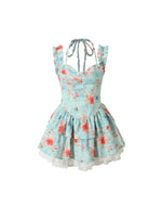 Floral Lace Halter Puff Short Dress