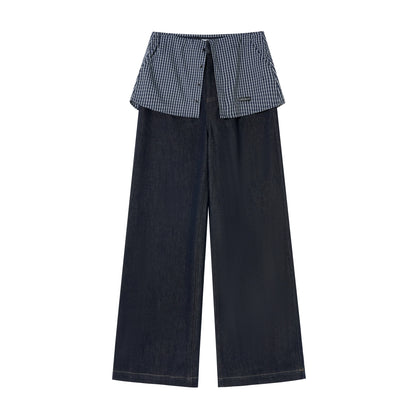 Plaid Patchwork Faux Two-Piece Straight-Leg Jeans