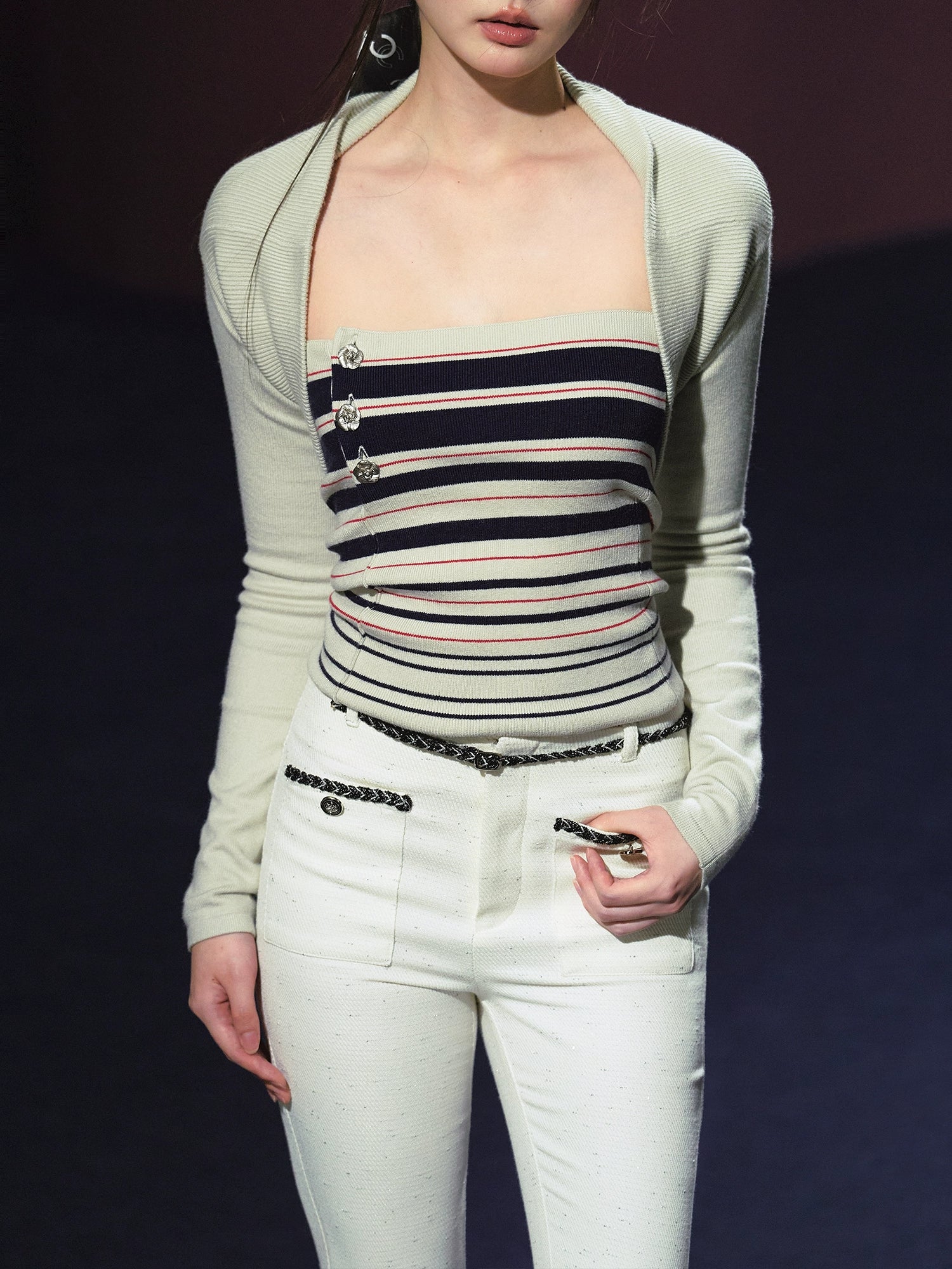 Striped Contrast Hand-Sewn Button Tube Top &amp; Shrug Set