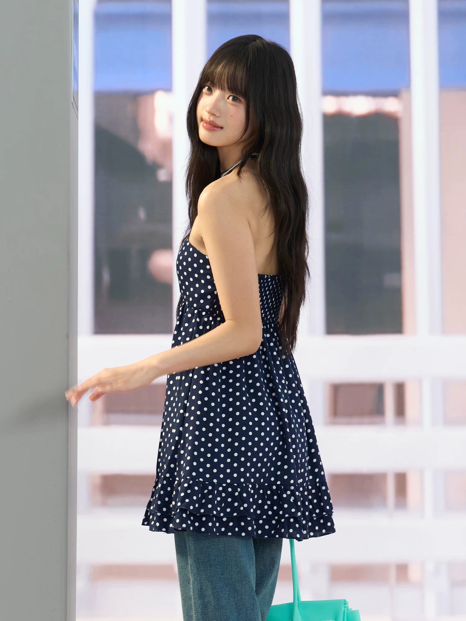 Navy Blue Polka Dot Halter Dress