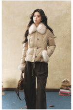 Khaki Faux Fur Collar Puffer Jacket