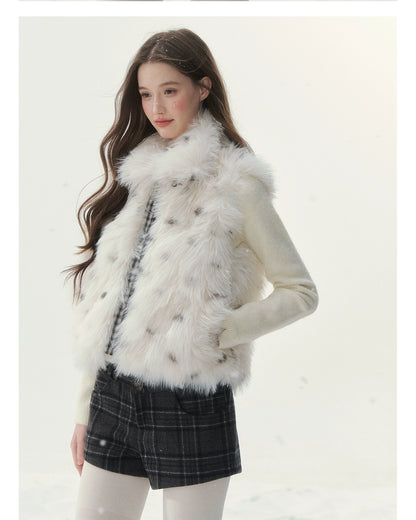 Polka-Check Reversible Faux-Fur Vest